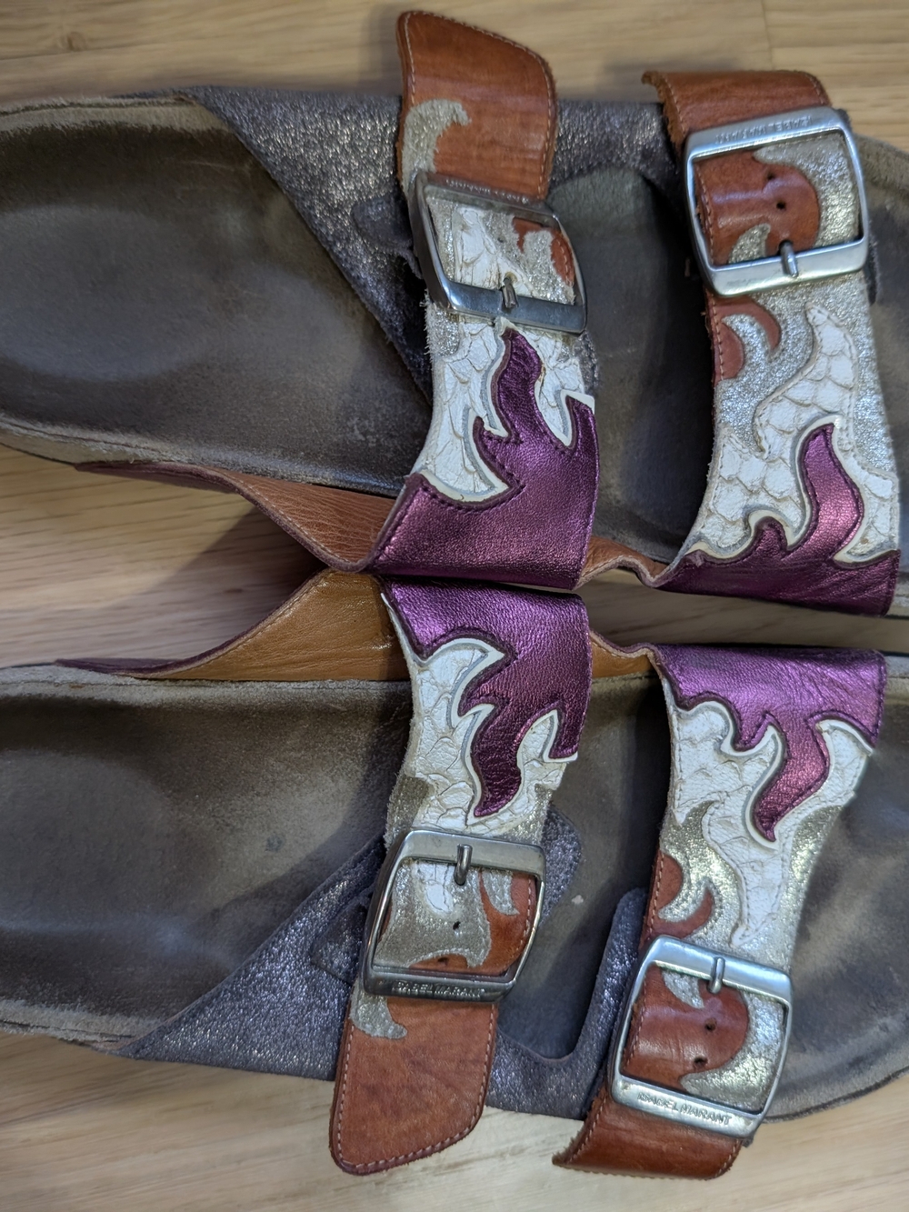 Isabel Marant Metallic Purple, Brown & Cream Double-Buckle Slide Sandals Size 38 - Picture 3 of 15